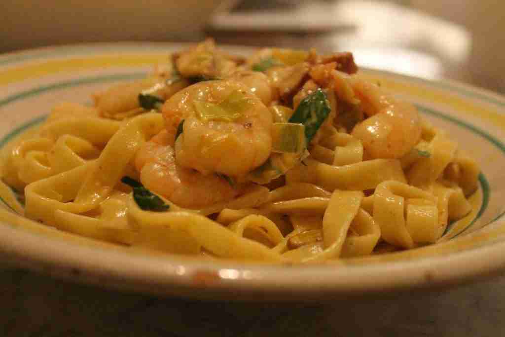 Quick tagliatelle in a prawn, chorizo, leek and white wine sauce
