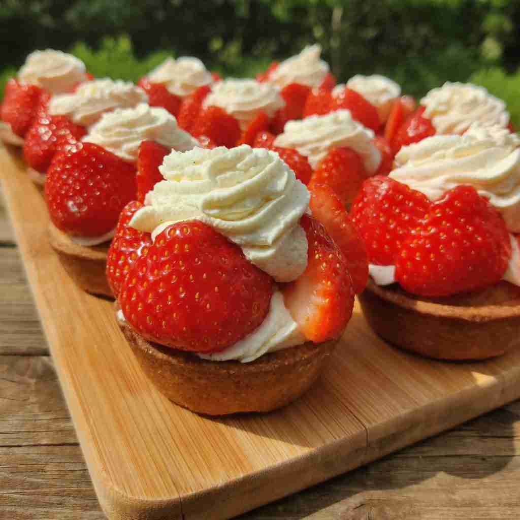 image with a wooden board covered with strawberry tartelettes, topped with whipped cream, you can learn how to make them at cookery school Gourmandises Academie in Cambridge