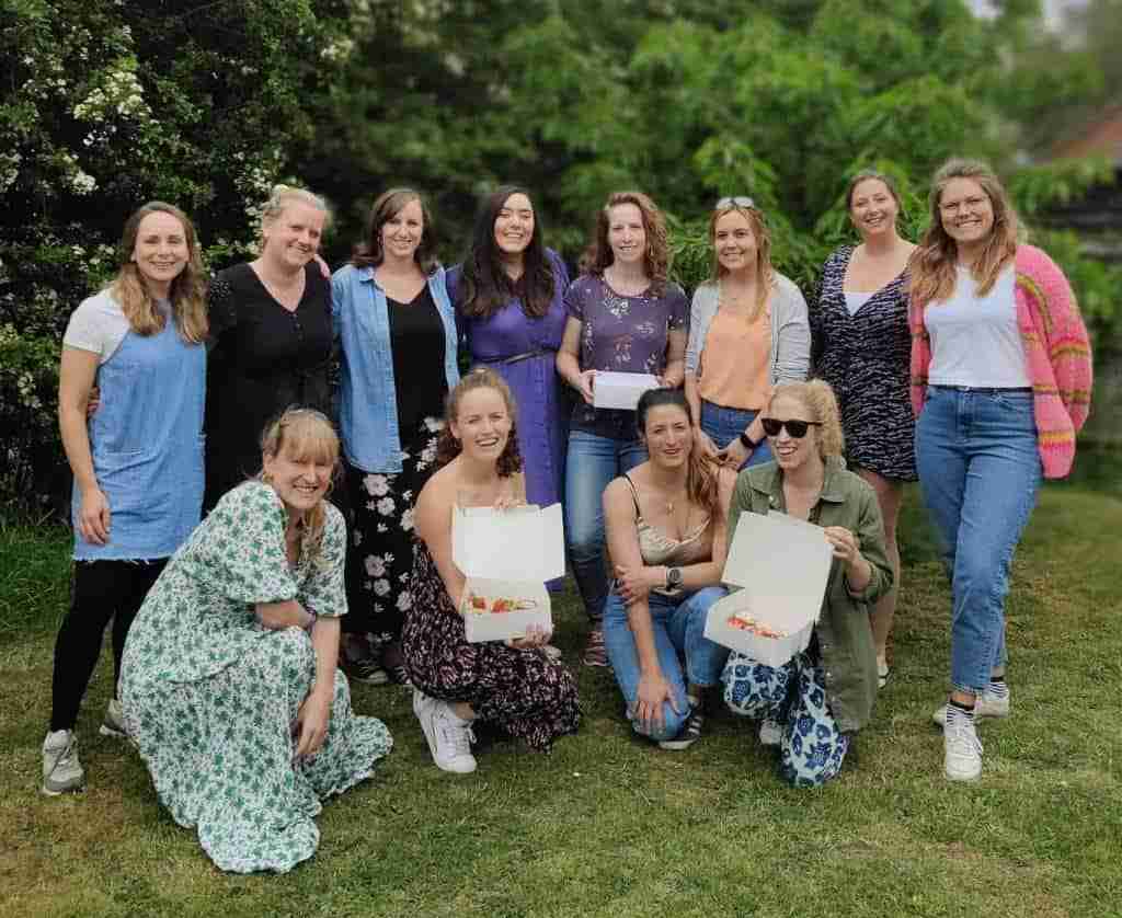 Group of ladies outside at a hen party at the cookery school Gourmandises Academie, Cambridge