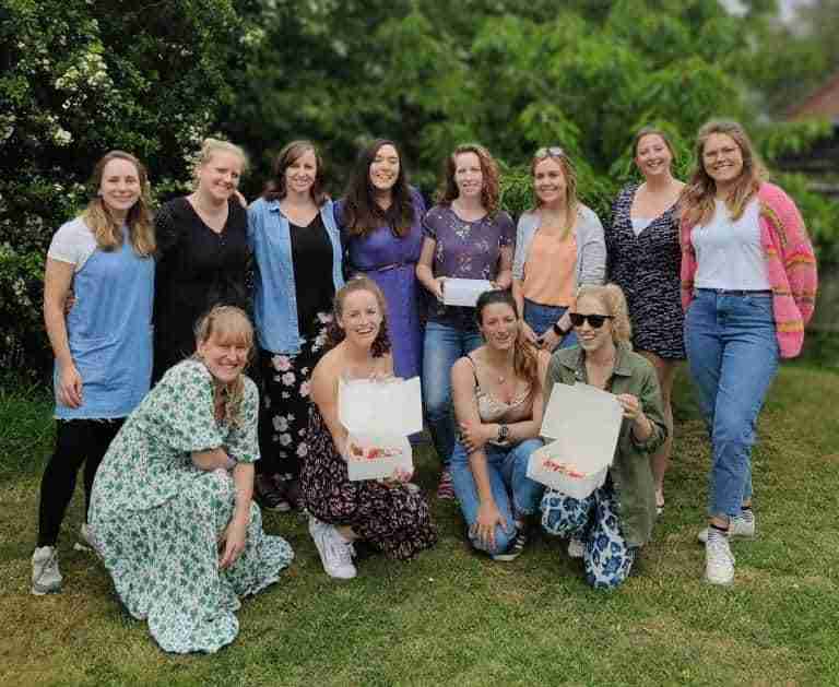 Group of ladies outside at a hen party at the cookery school Gourmandises Academie, Cambridge