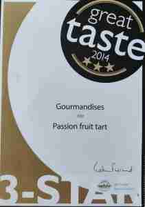Image of the Great Taste Award 2014 certificate for Gourmandises for the passion fruit tart