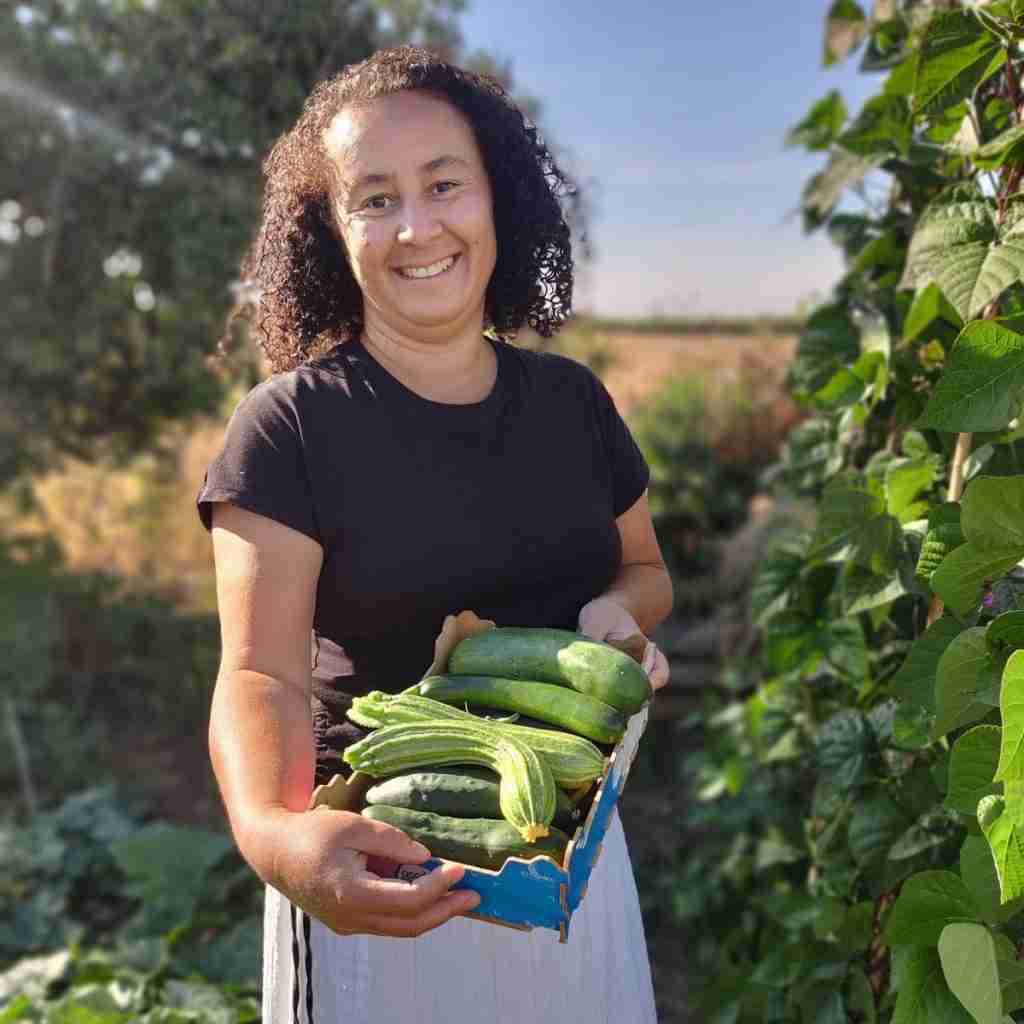 image of a lady carrying a box of courgettes and cucumbers