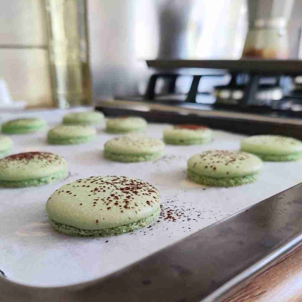 image of green macarons with a dust of cocoa on top