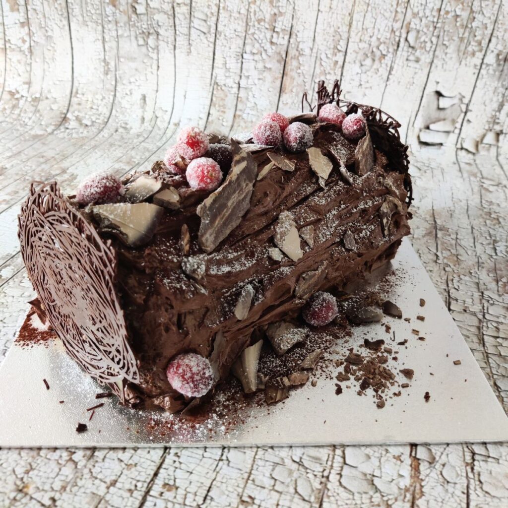 image of a Christmas chocolate yule log with chocolate looking bark and frosted cranberries, you can learn how to make it at cooking school Gourmandises Academie in Cambridge